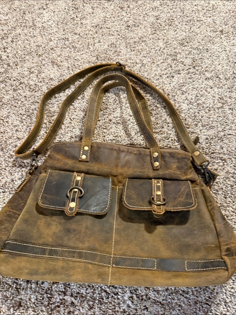 Myra Bag Distressed Brown Multi-Pocket Shoulder Tote - Picture 1 of 13